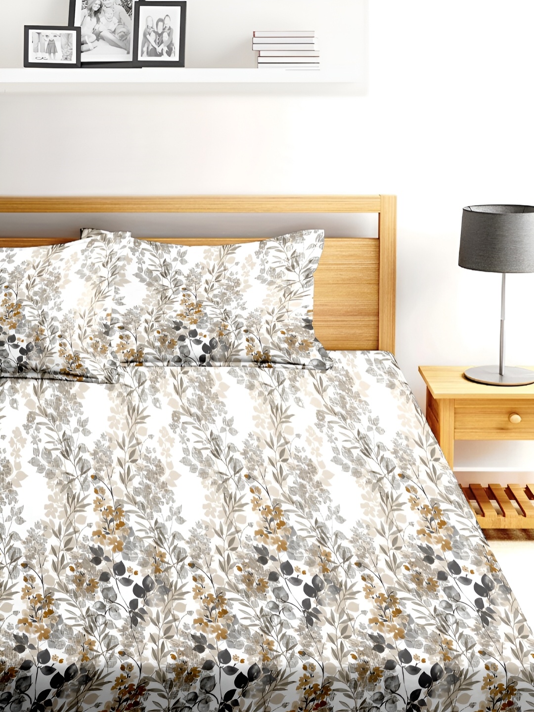 

BLUE DAHLIA Brown & White Floral 250 TC Organic Cotton King Bedsheet With 2 Pillow Covers