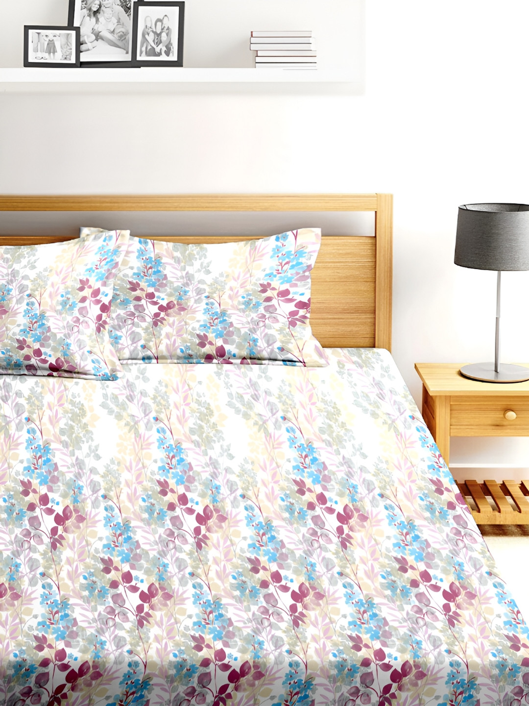 

BLUE DAHLIA Pink & Blue Floral 250 TC Organic Cotton Queen Bedsheet With 2 Pillow Covers