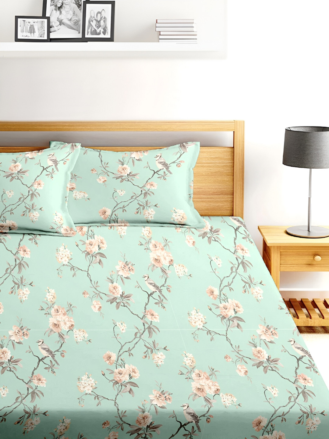 

BLUE DAHLIA Green Floral 250 TC Organic Cotton Single Bedsheet With 2 Pillow Covers