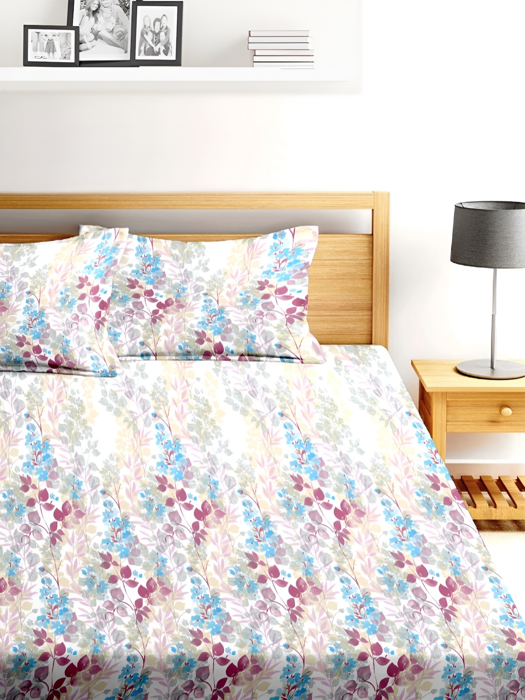 

BLUE DAHLIA Pink & Blue Floral 250 TC Organic Cotton King Bedsheet With 2 Pillow Covers