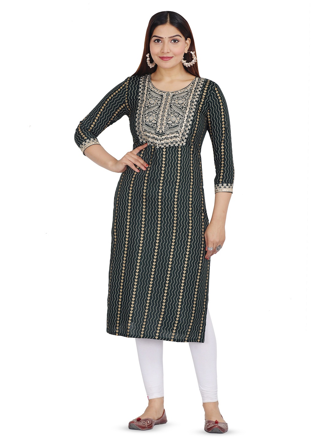 

KALINI Ethnic Motifs Printed Thread Work & Mirror Detail Straight Kurta, Green