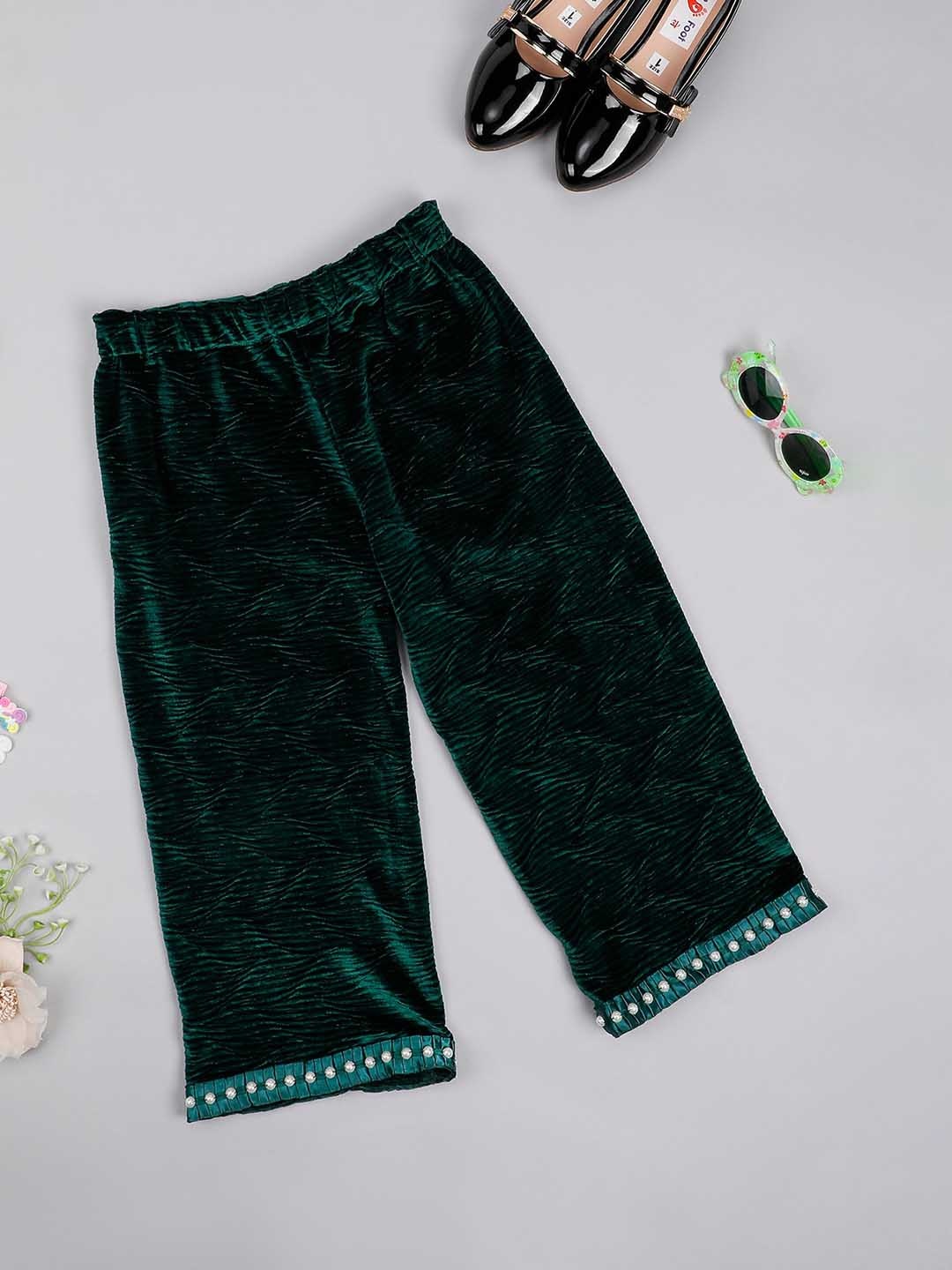 

One Friday Girls Embellished Relaxed Velvet Trousers, Green