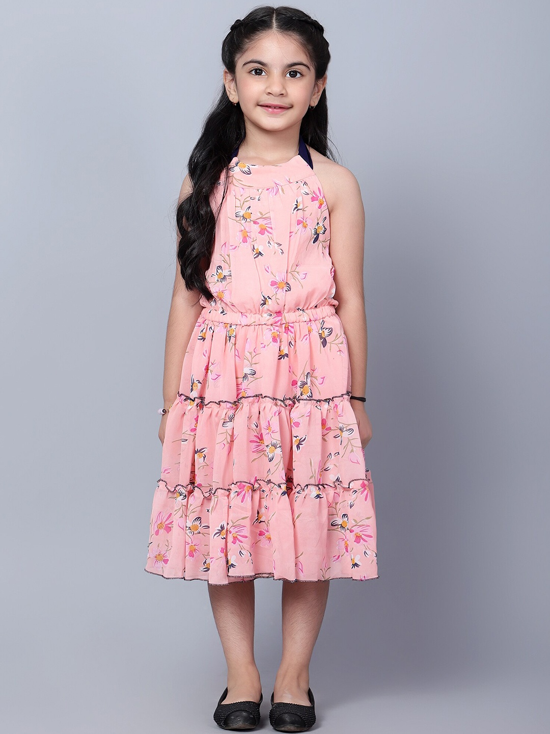 BAESD Girls Floral Printed Georgette Fit & Flare Midi Dress, Peach
