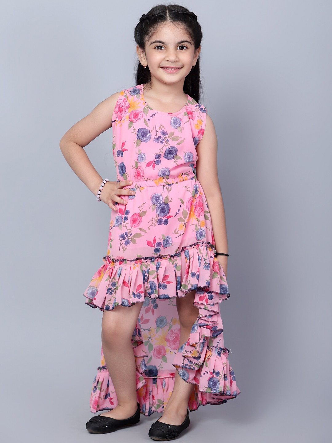 

BAESD Girls Floral Printed Flared Georgette Fit & Flare Dress, Pink