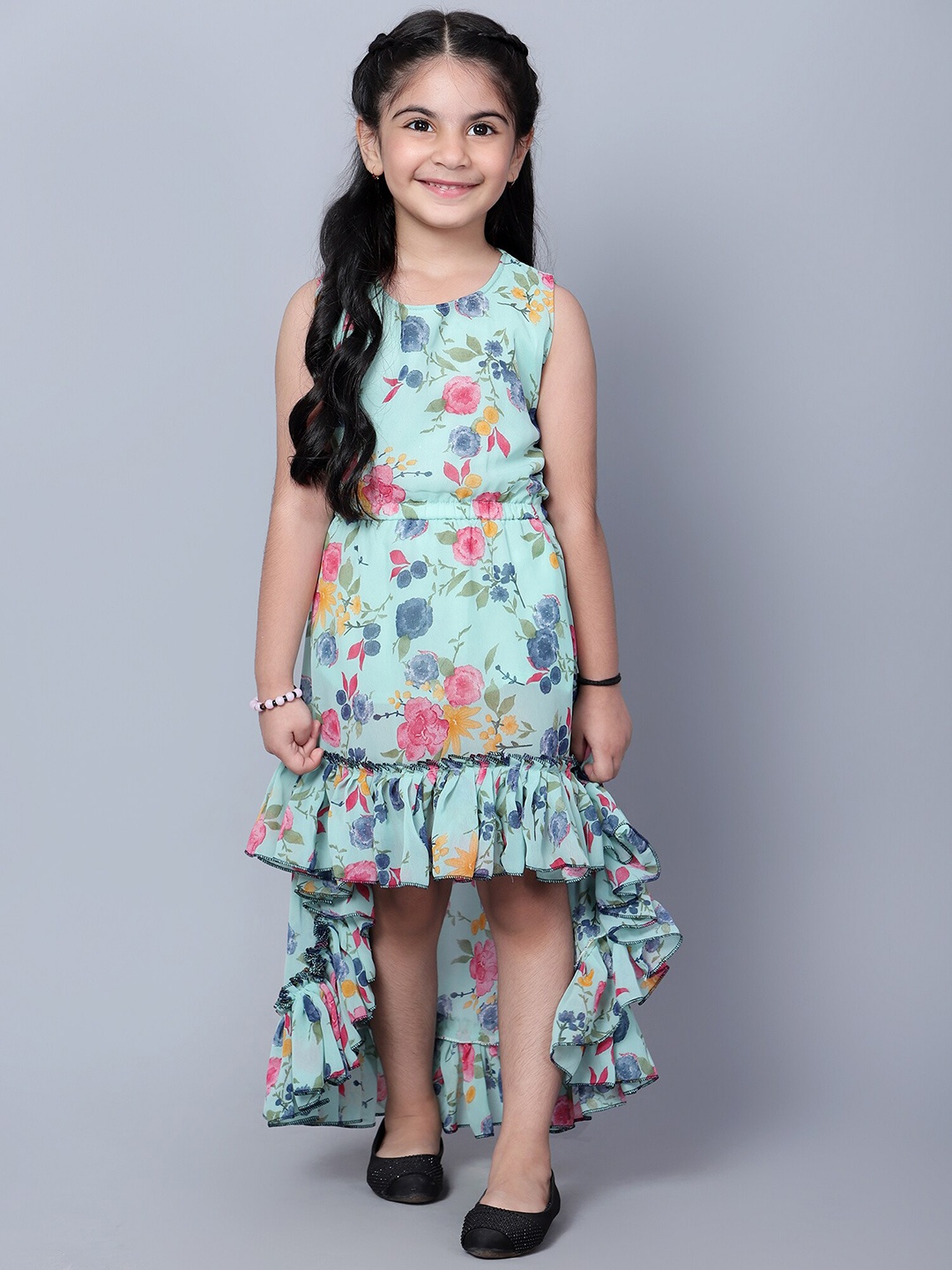 

BAESD Floral Print Round Neck Sleeveless Georgette Drop-Waist Dress, Sea green