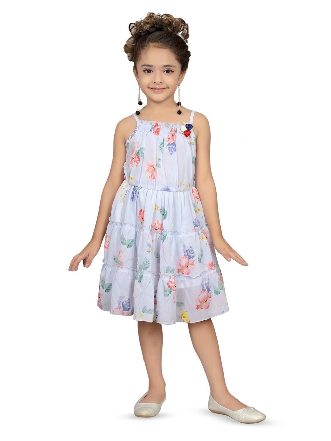 BAESD Girls Floral Printed Flared Shoulder Straps Georgette Fit & Flare Dress, Blue