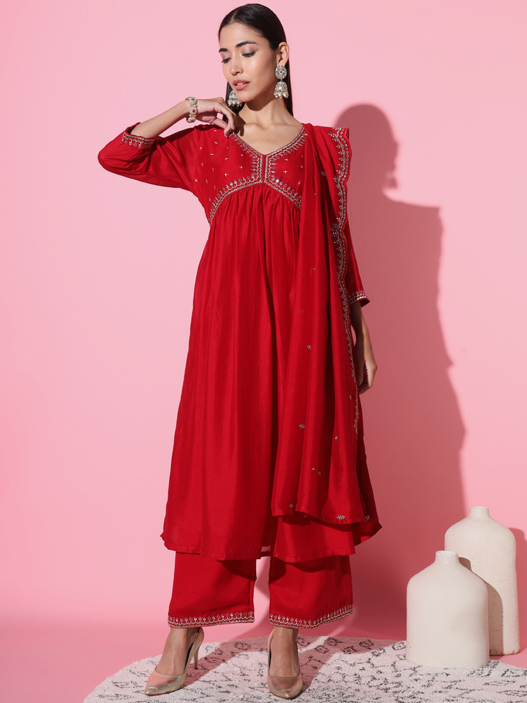 

THE52 Floral Embroidered V-Neck Flared Sequinned A-Line Kurta with Palazzos & Dupatta, Red