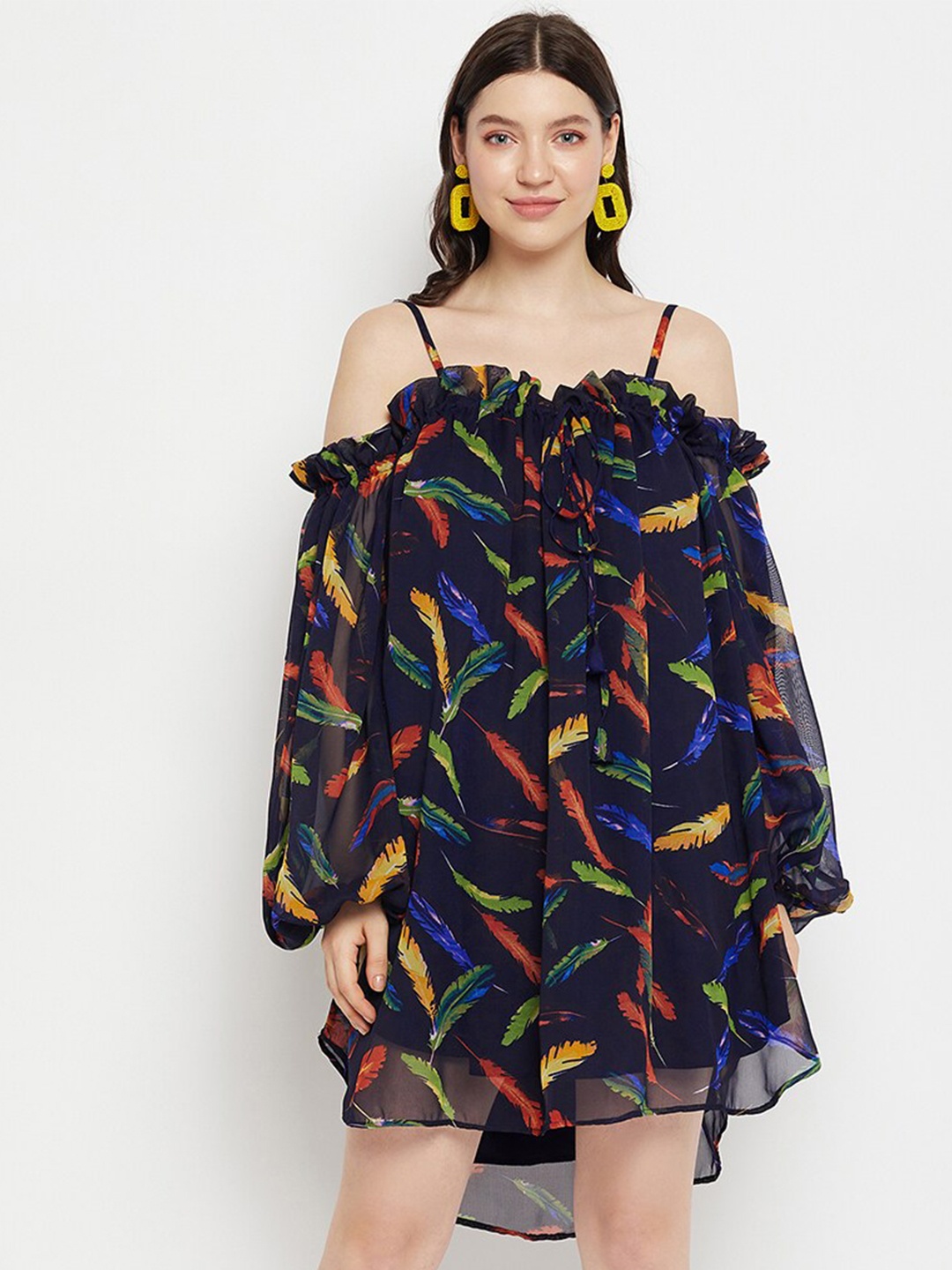 

Bitterlime Conversational Printed Puff Sleeves Fit & Flare Mini Dress, Blue
