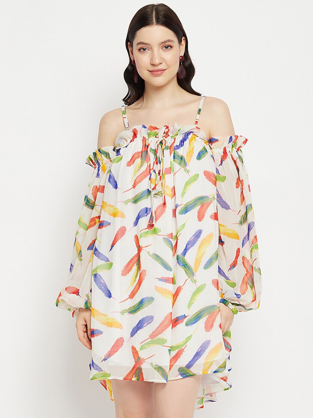 

Bitterlime Conversational Printed Puff Sleeves A-Line Mini Dress, White