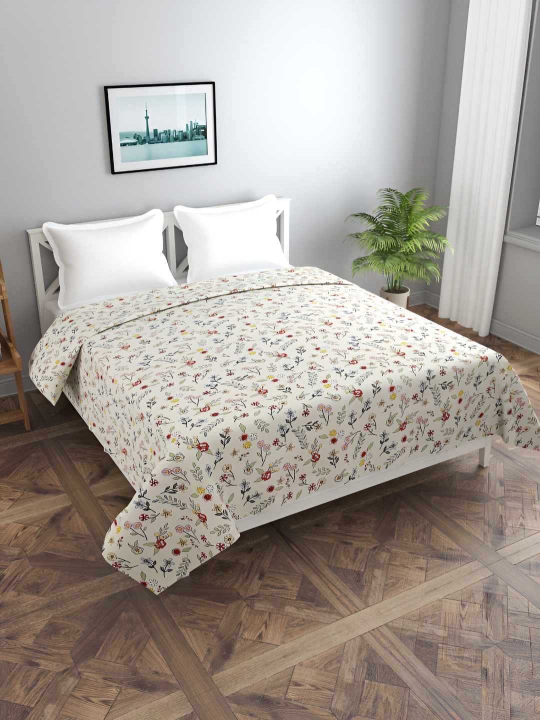 

BREVARD Off White & Green Floral Printed Double Queen Duvet Cover