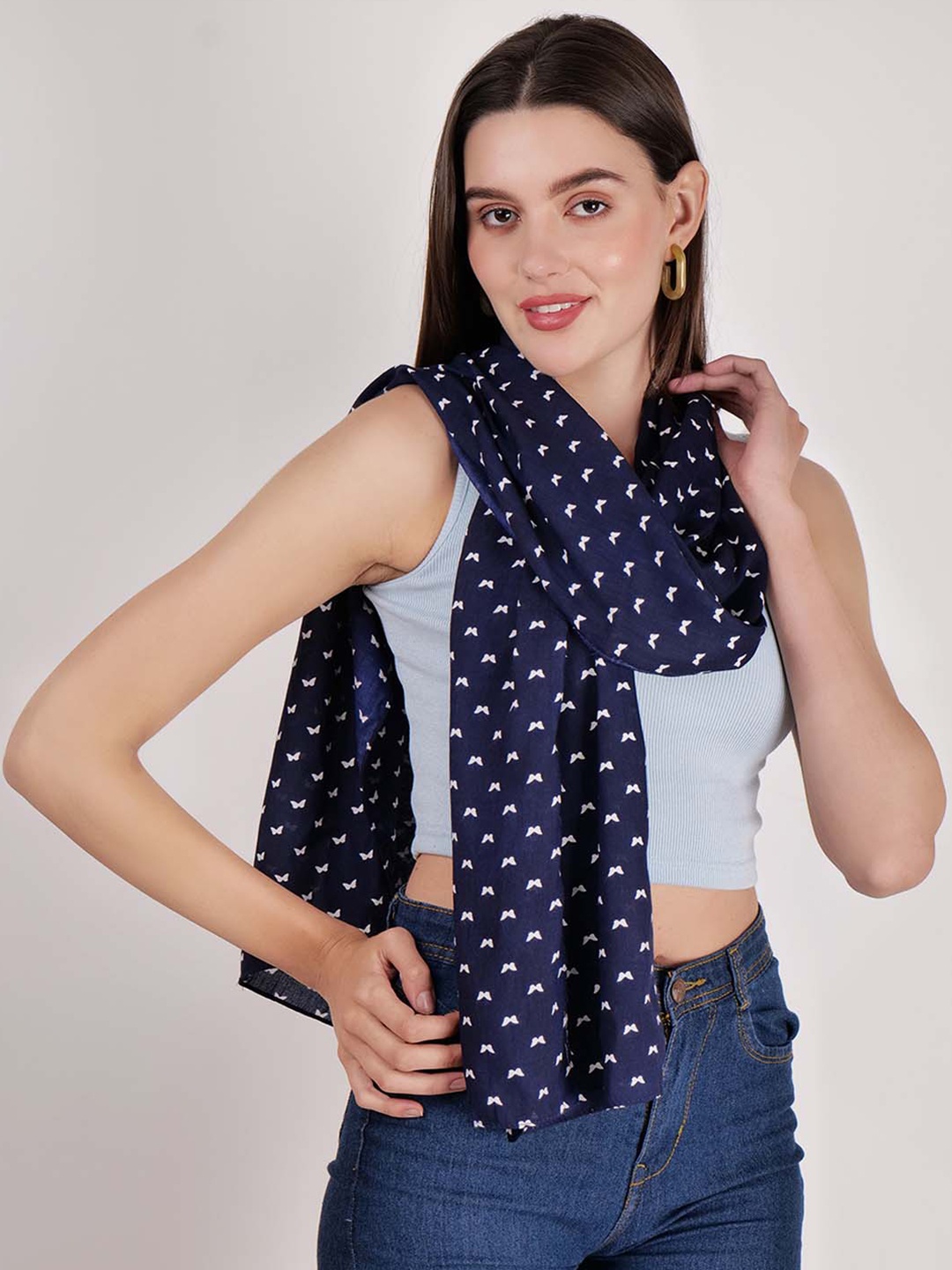 

DressBerry Blue & White Conversational Printed Cotton Scarf