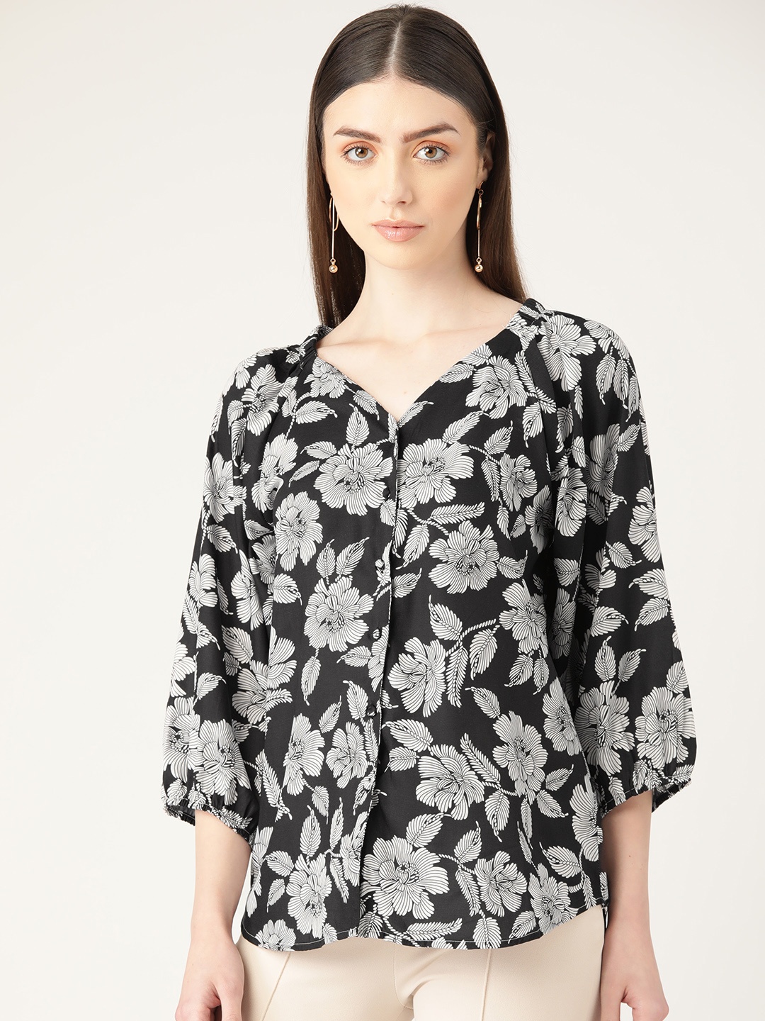 

MISRI Floral Print Puff Sleeve Top, Black