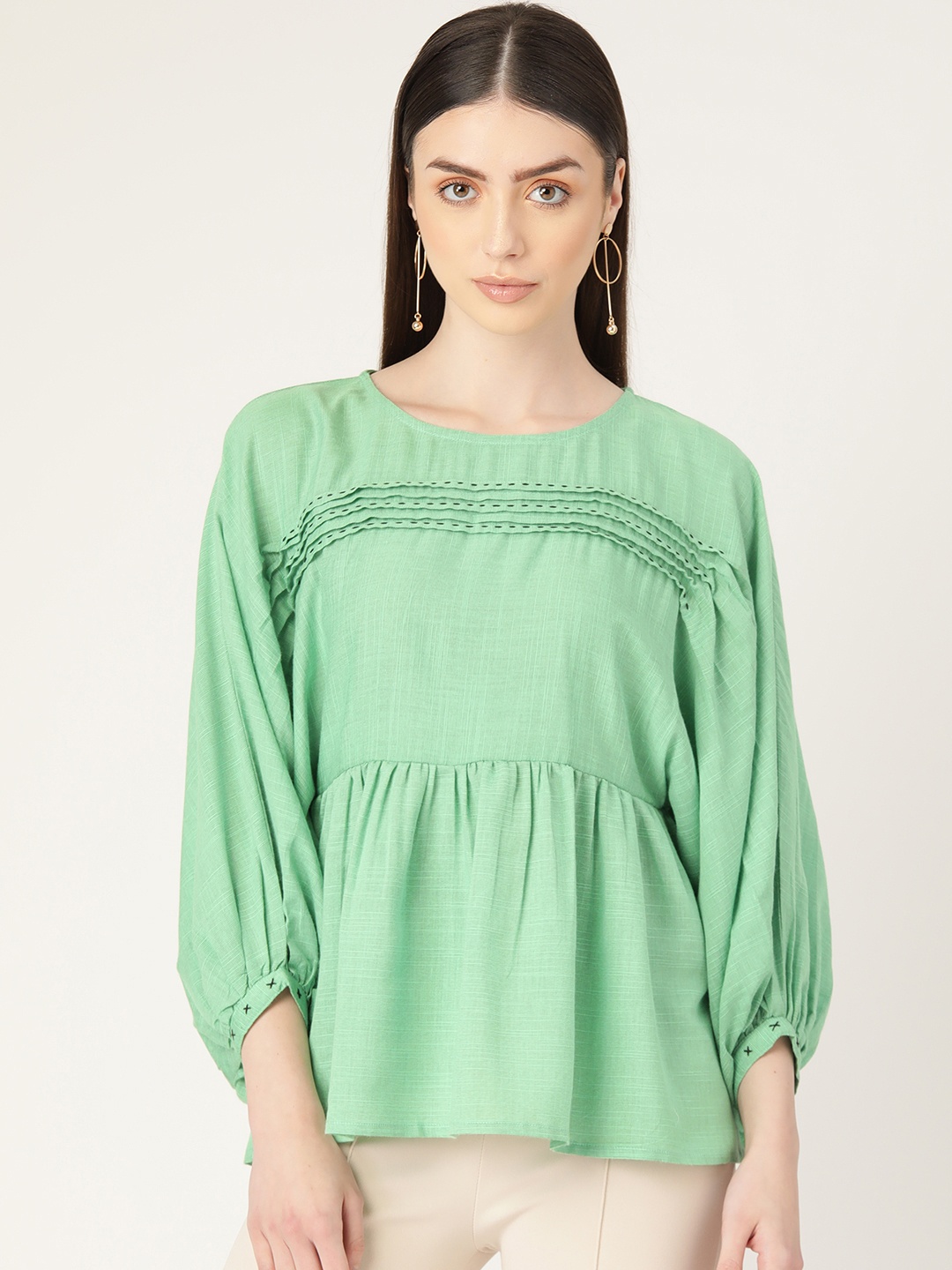 

MISRI Puff Sleeve Peplum Longline Top, Green