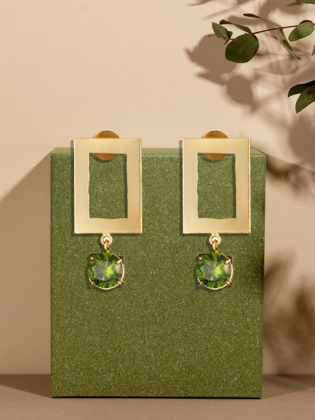

DressBerry Green Stone Studded Gold-Plated Geometric Drop Earrings