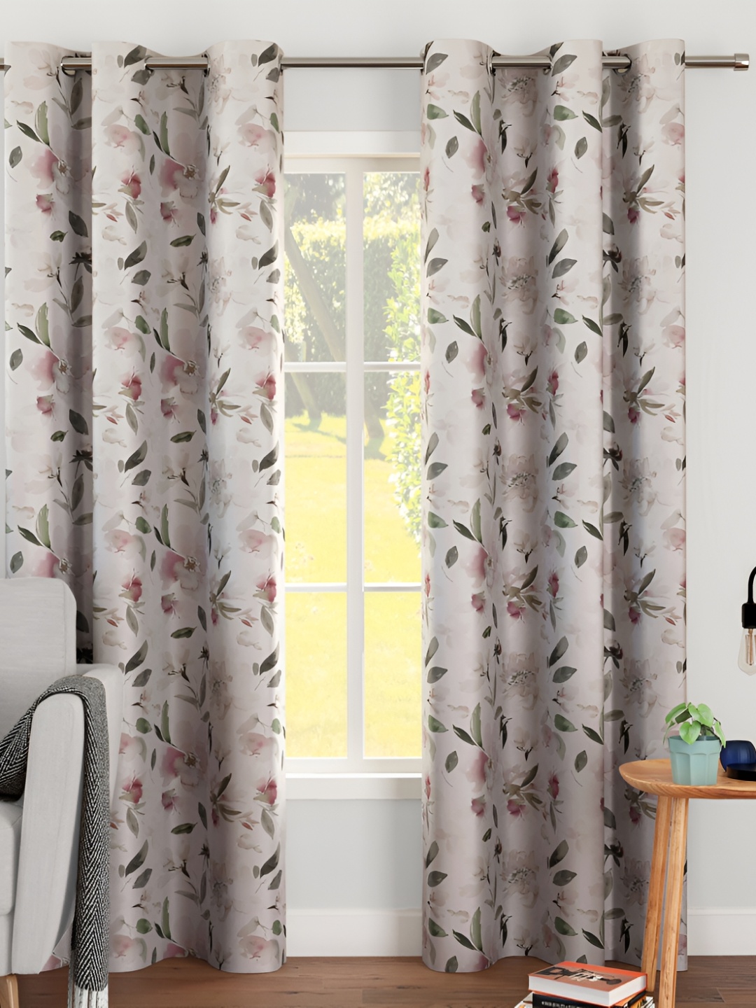 

Encasa Homes White & Green 2 Pieces Floral Room Darkening Door Curtains