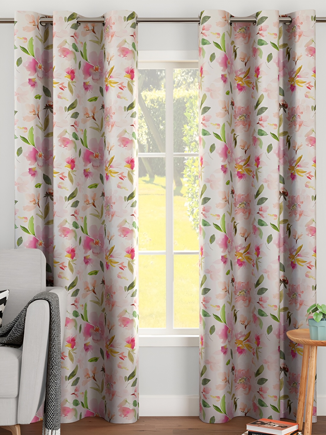 

Encasa Homes White & Pink 2 Pieces Floral Room Darkening Long Door Curtains