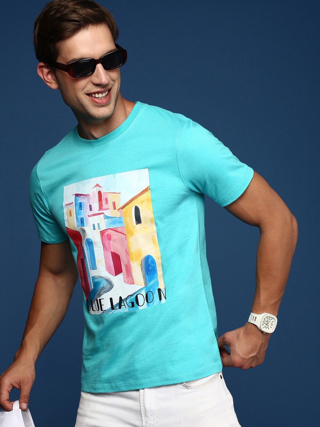 

Mast & Harbour Sea Green Typography Printed Cotton Short Sleeves Raw Edge Casual T-shirt