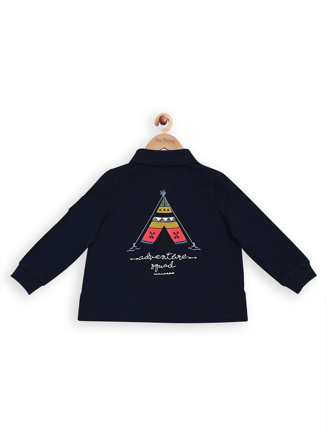 

One Friday Boys Printed Polo Collar Long Sleeves Cotton T-shirt, Navy blue