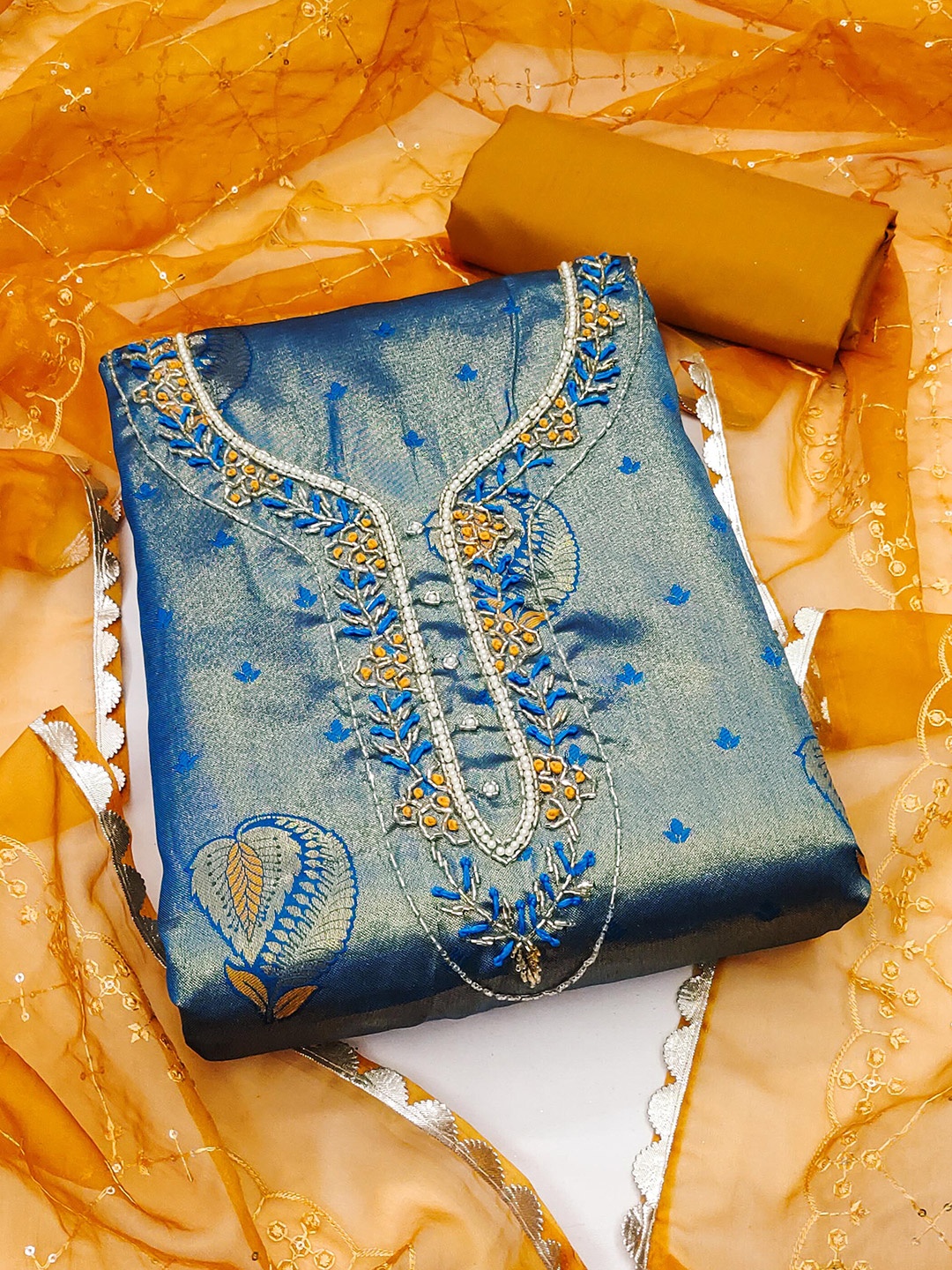 

KALINI Floral Embroidered Banarasi Unstitched Dress Material, Blue
