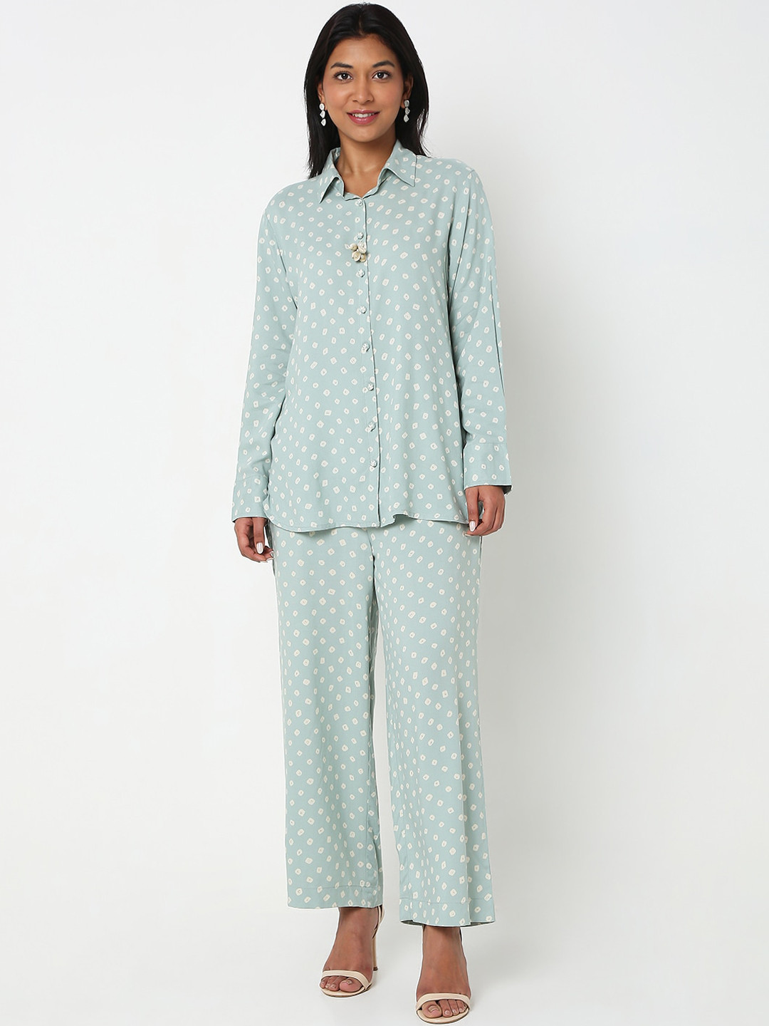 

Ethnicity Printed Shirt Collar Full Sleeves Co-Ords, Green