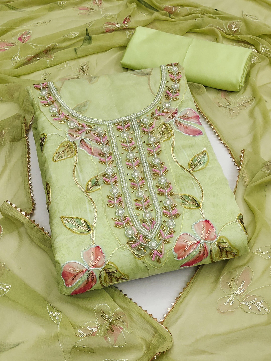 

KALINI Embellished Organza Unstitched Dress Material, Green