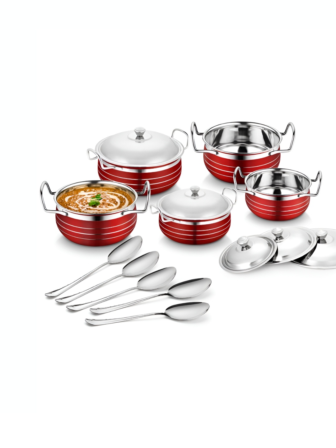 

Classic Essentials Set of 5 Stainless Steel Red Induction Base Serving Handi with Lid