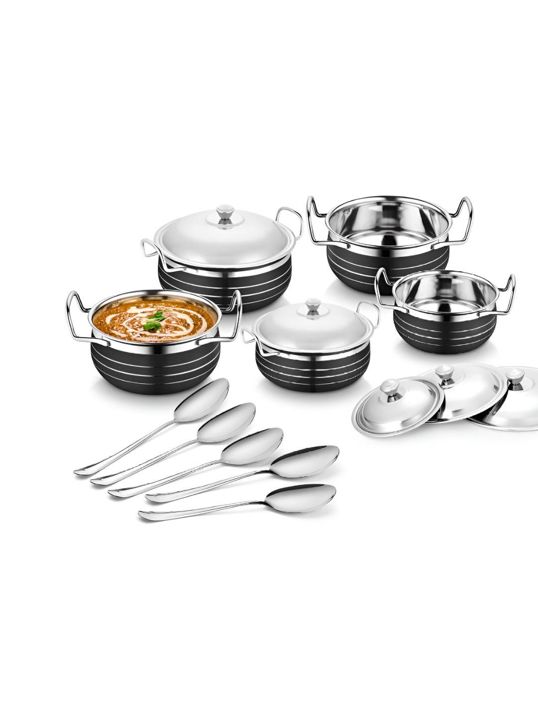

Classic Essentials Set of 5 Stainless Steel Black Induction Base Serving Handi with Lid