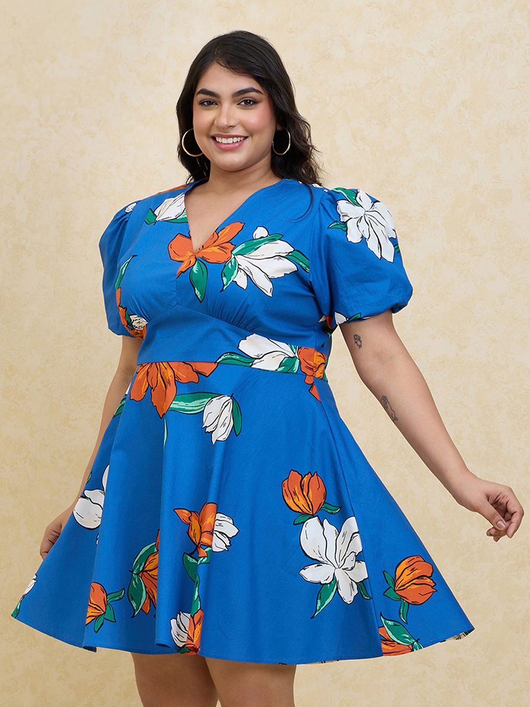 

20Dresses Plus Size Blue Floral Printed V-Neck Puff Sleeves Pure Cotton Fit & Flare Dress