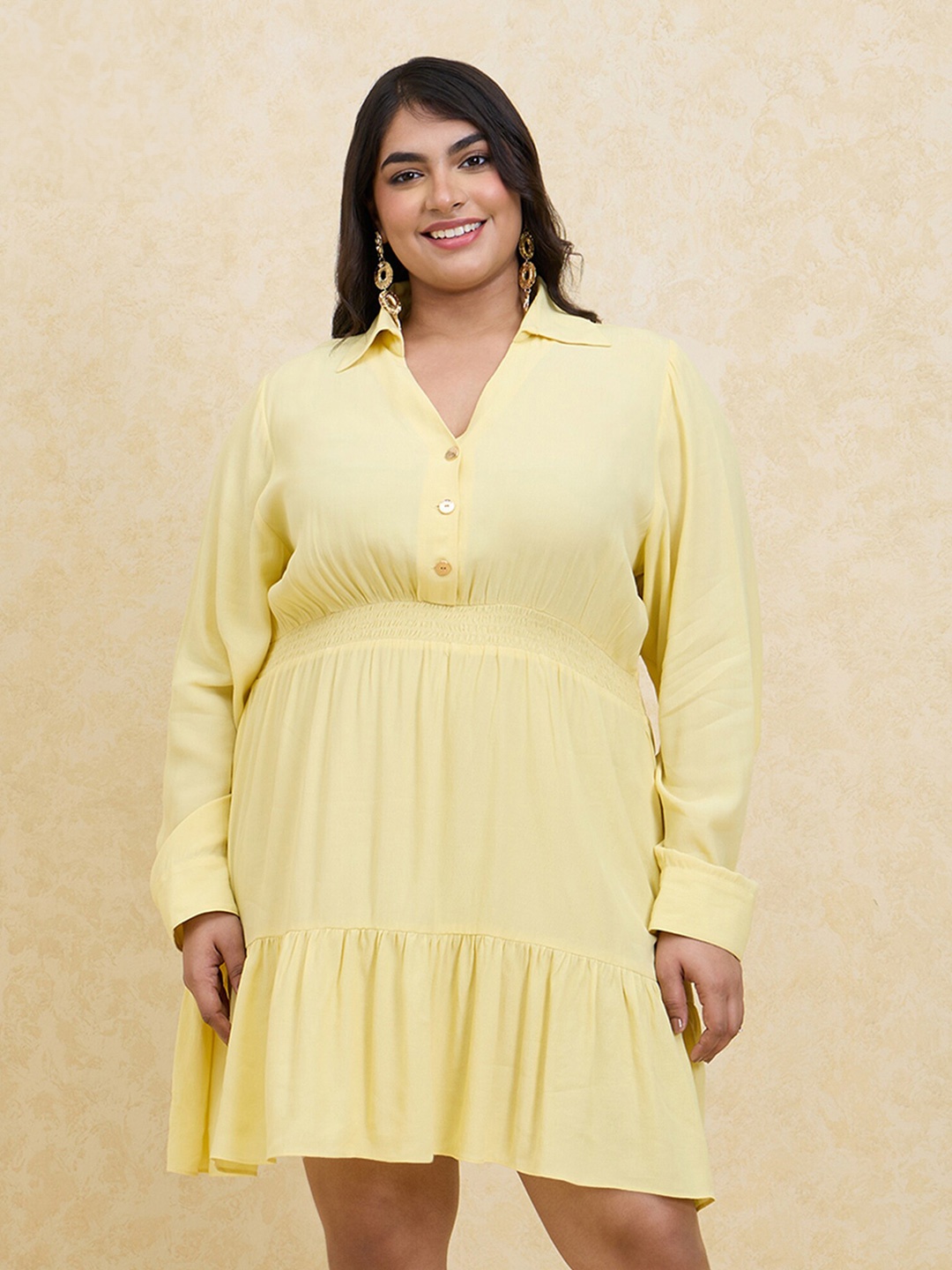 

20Dresses Plus Size Yellow Shirt Collar Gathered Detailed Fit & Flare Dress