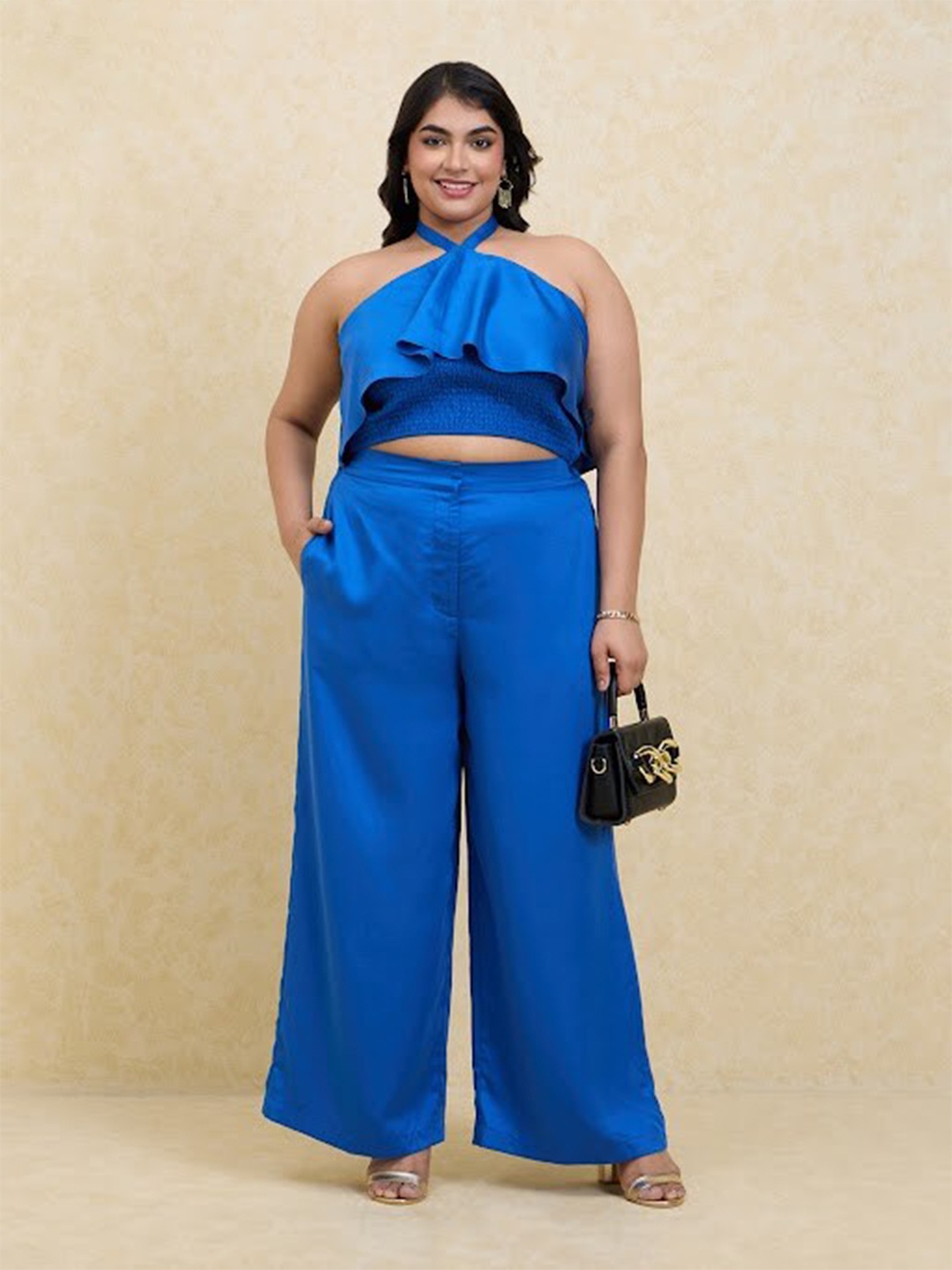 

20Dresses Plus Size Halter Neck Satin Top with Trousers, Blue