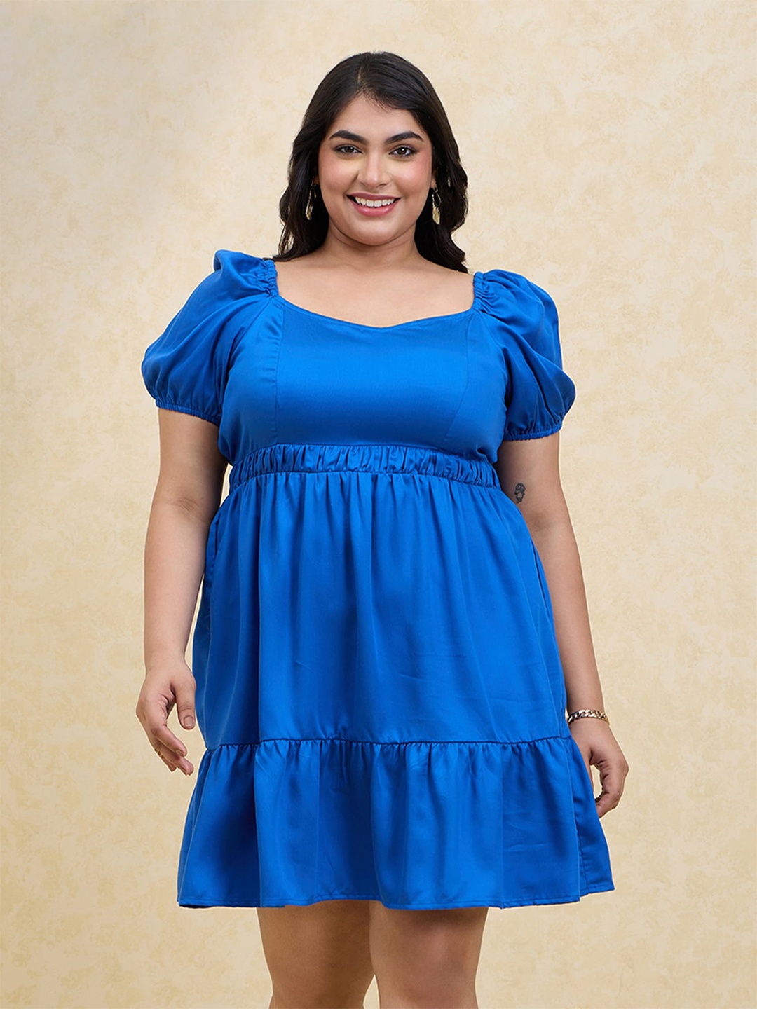 

20Dresses Plus Size Blue Puff Sleeve Fit and Flare Short Dress