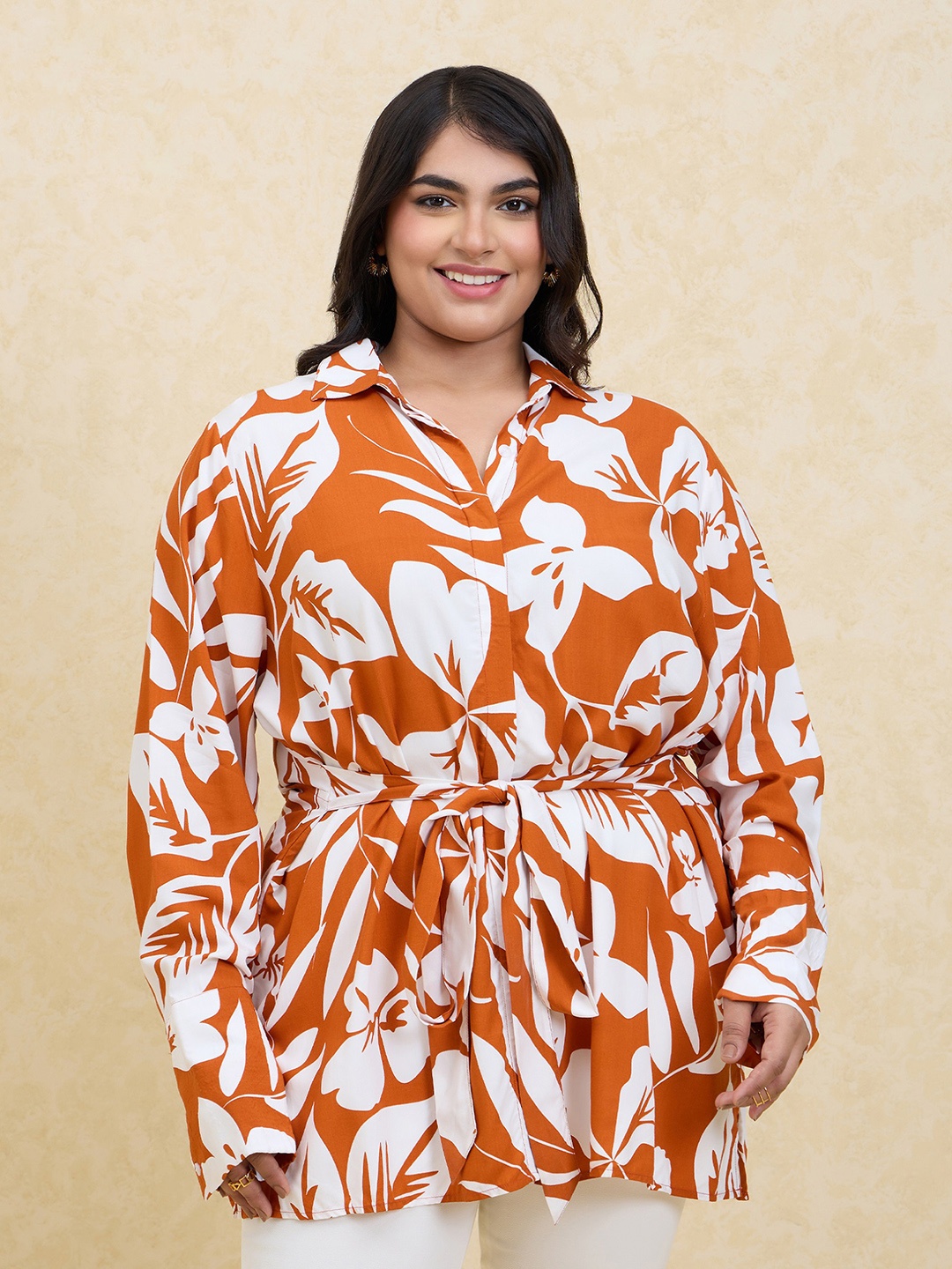 

20Dresses PLus Size Floral Printed Spread Collar Cuffed Sleeves Tie-Ups Cinched Waist, Rust