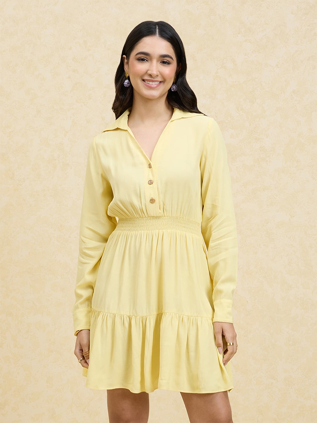 

20Dresses Yellow Shirt Collar Full Sleeves Fit and Flare Short Dress
