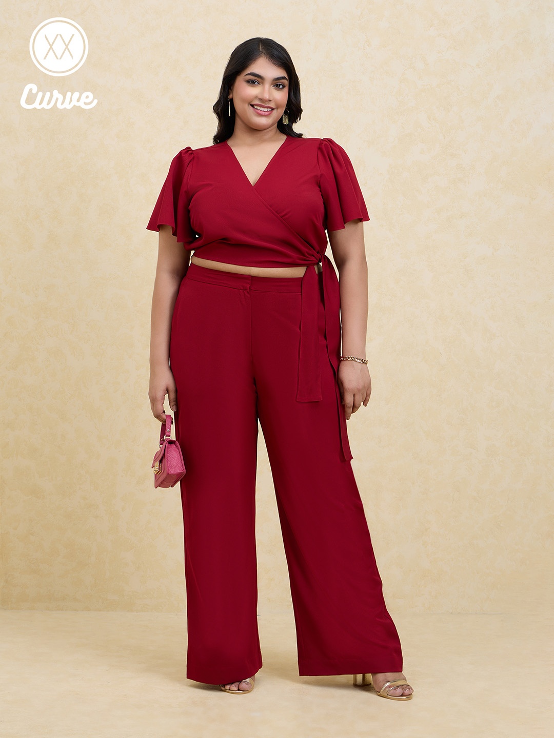 20Dresses Plus Size Maroon V-Neck Crop Top & Trouser