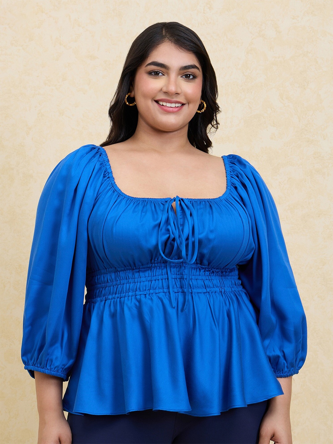 

20Dresses Plus Size Blue Square Neck Puff Sleeves Smocked Detailed Peplum Top