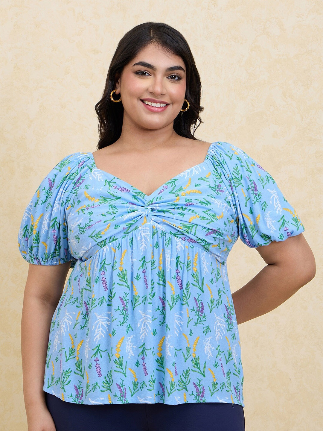 

20Dresses Blue Floral Print Sweetheart Neck Puff Sleeve Crepe Empire Plus Size Top