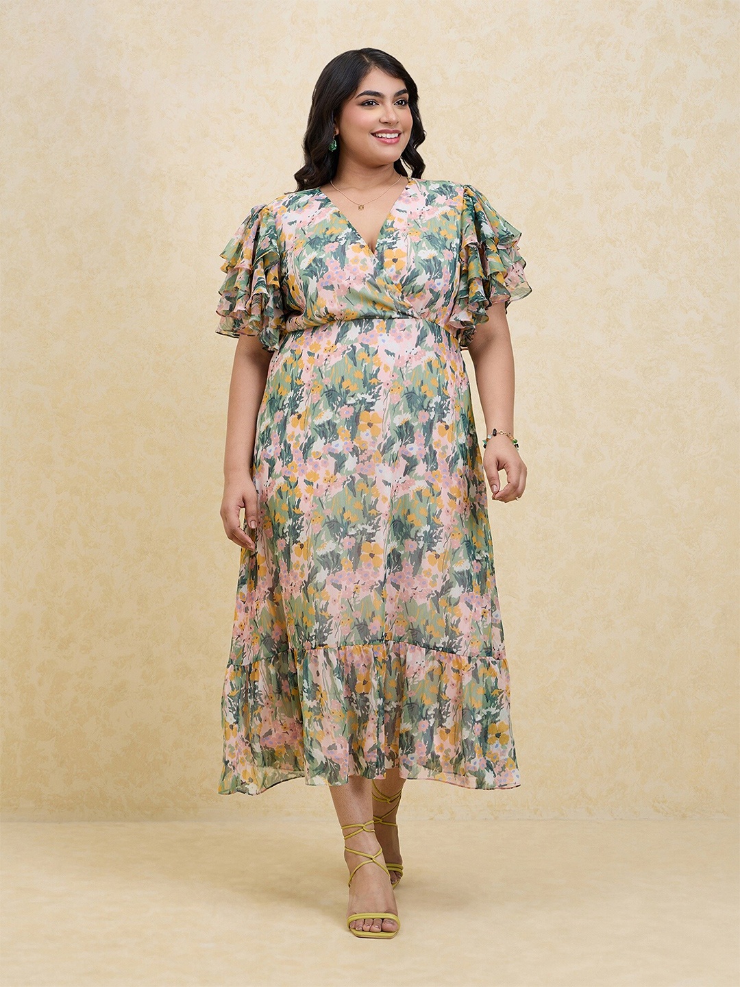 

20Dresses Plus Size Green & Pink Floral Printed V-Neck Flared Sleeve A-Line Midi Dress