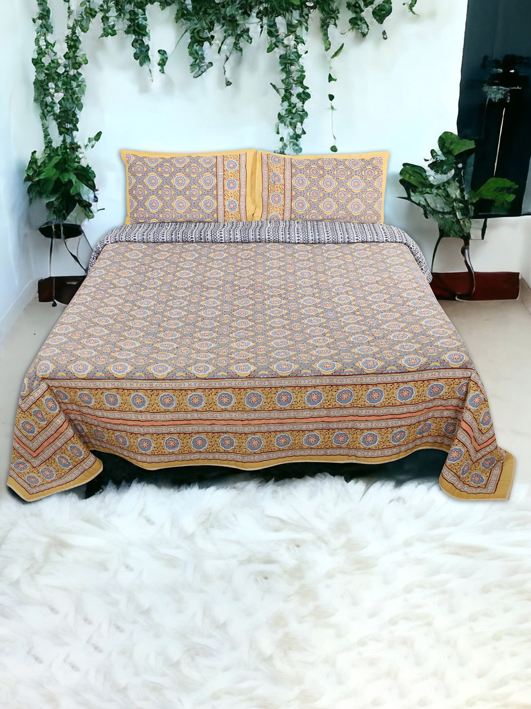 

SARYU HOMES Yellow & Blue Floral Cotton Bed Covers