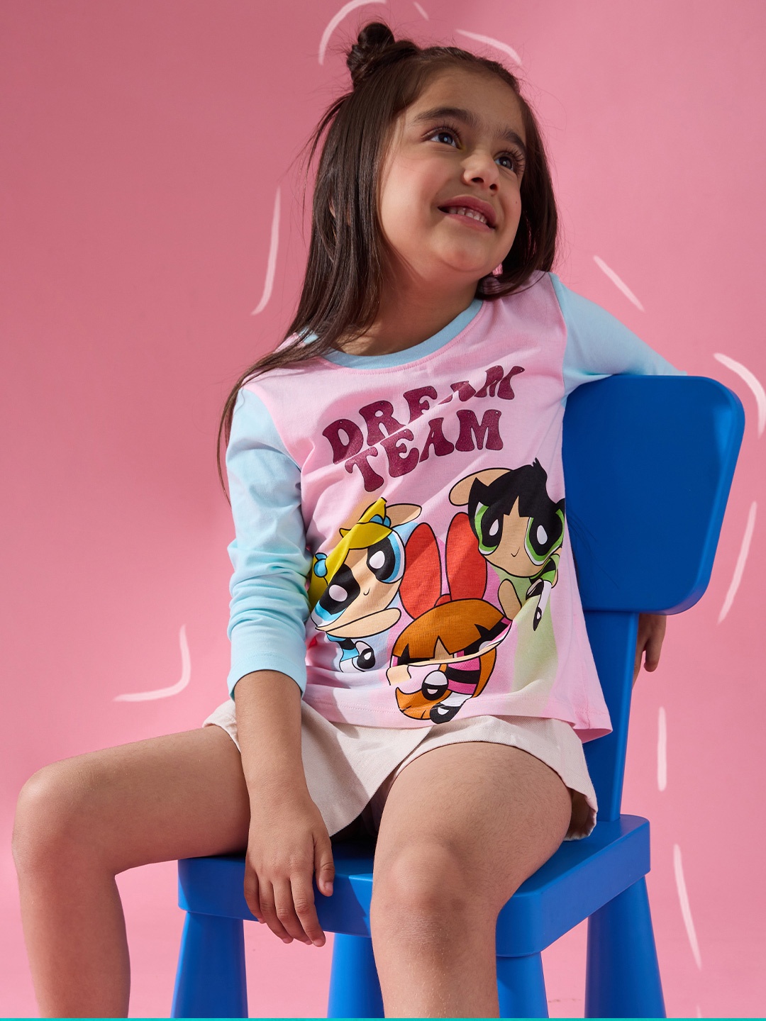 

The Souled Store Girls Pink Powerpuff Graphic Printed Pure Cotton T-shirt