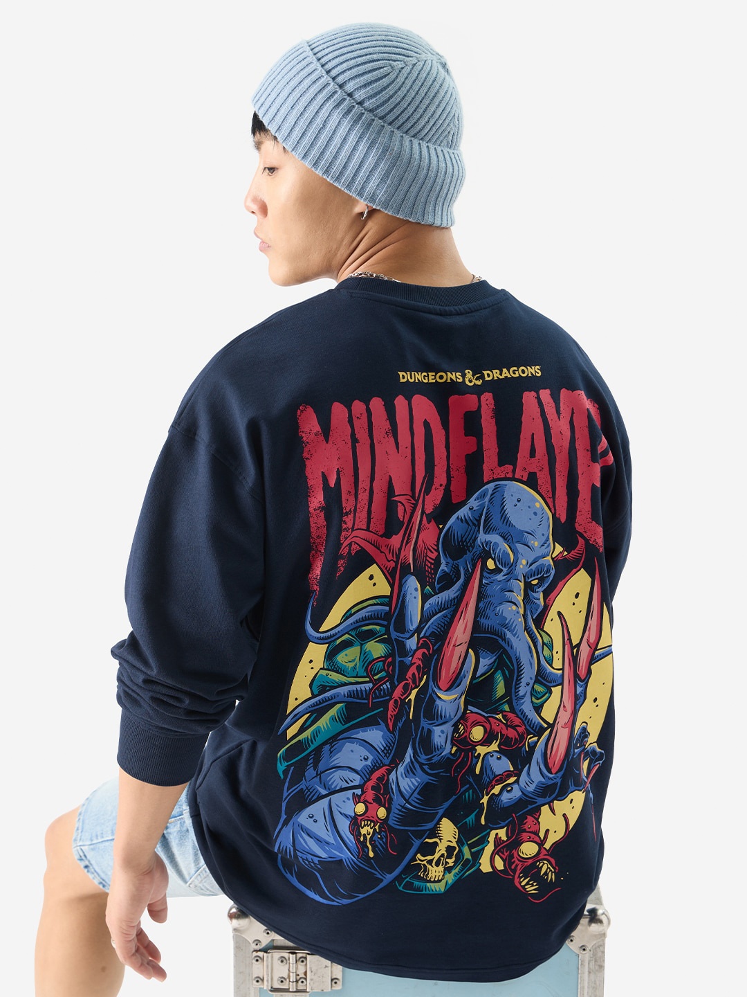 

The Souled Store Mindflayer Printed Oversized Cotton T-shirt, Navy blue