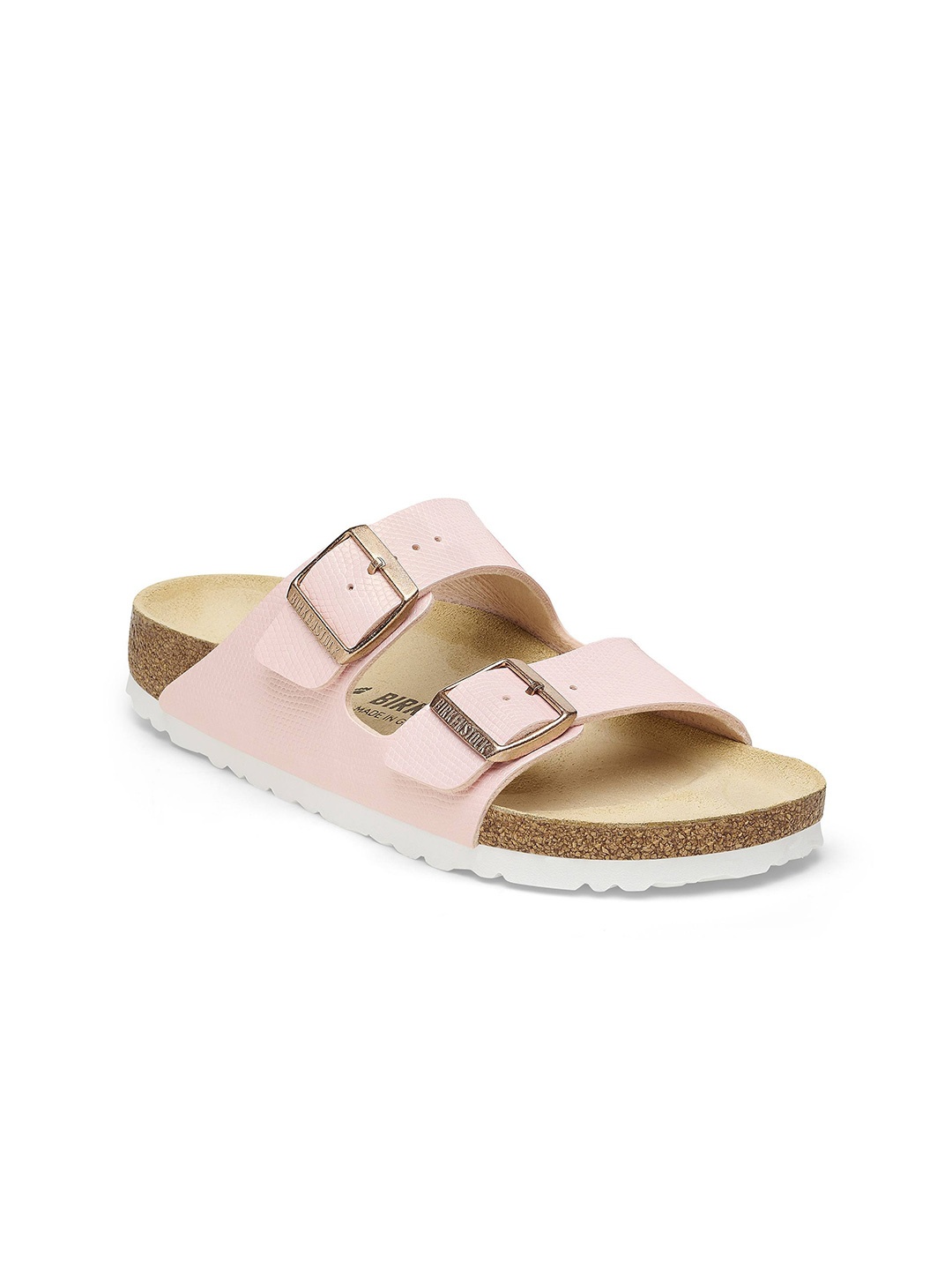 

Birkenstock Arizona Buckle Detailed Leather Narrow Width Open Toe Flats, Pink