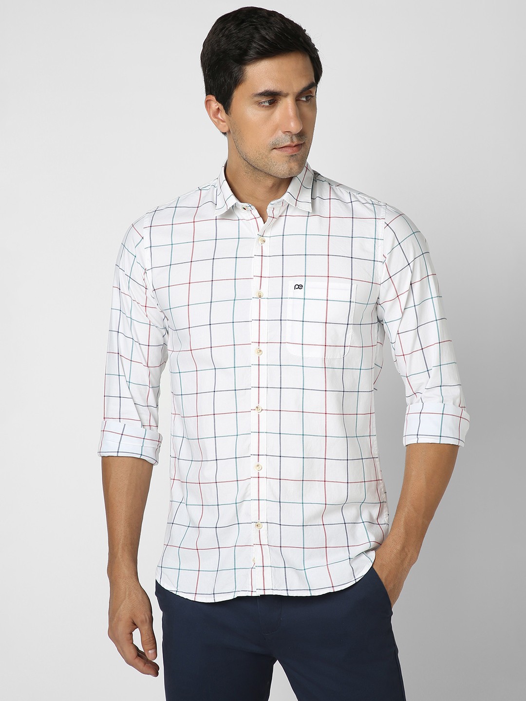 

Peter England Casuals Men Slim Fit Windowpane Checks Opaque Checked Casual Shirt, White