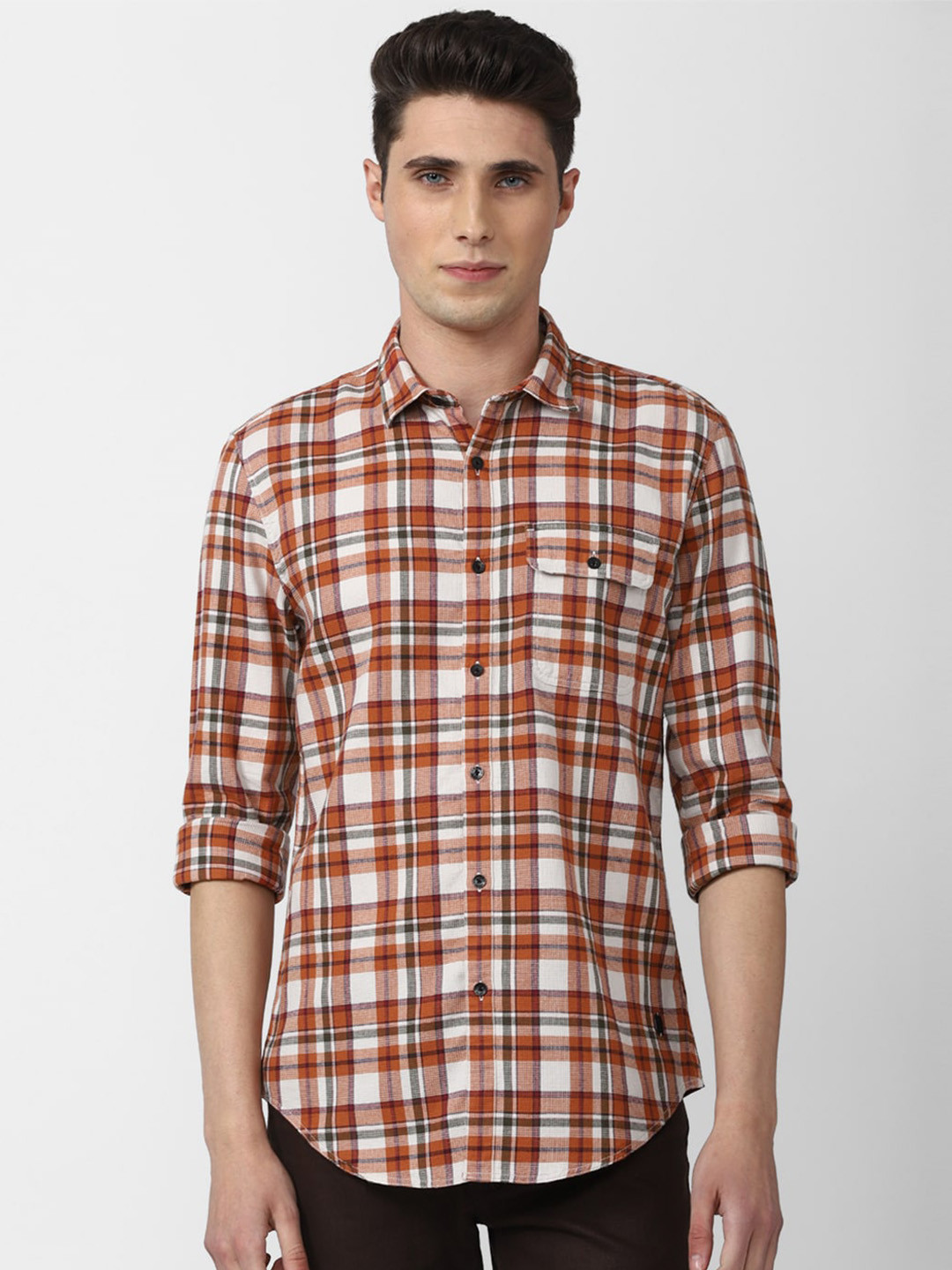 

Peter England Casuals Slim Fit Tartan Checks Cotton Checked Casual Shirt, Orange