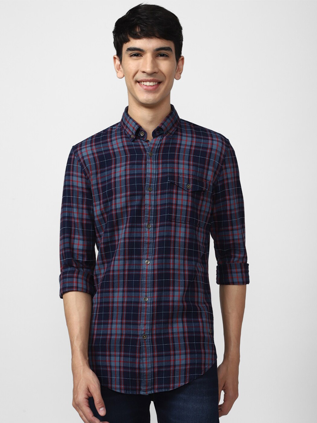 

Peter England Casuals Slim Fit Tartan Checks Button-Down Collar Cotton Casual Shirt, Navy blue