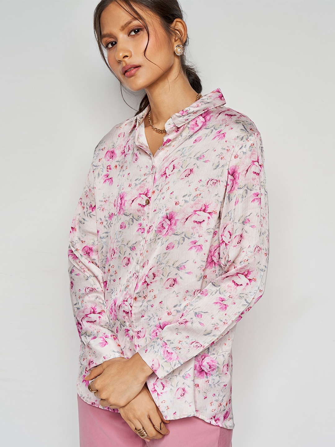 

AND Floral Printed Longline Shirt Style Top, Pink