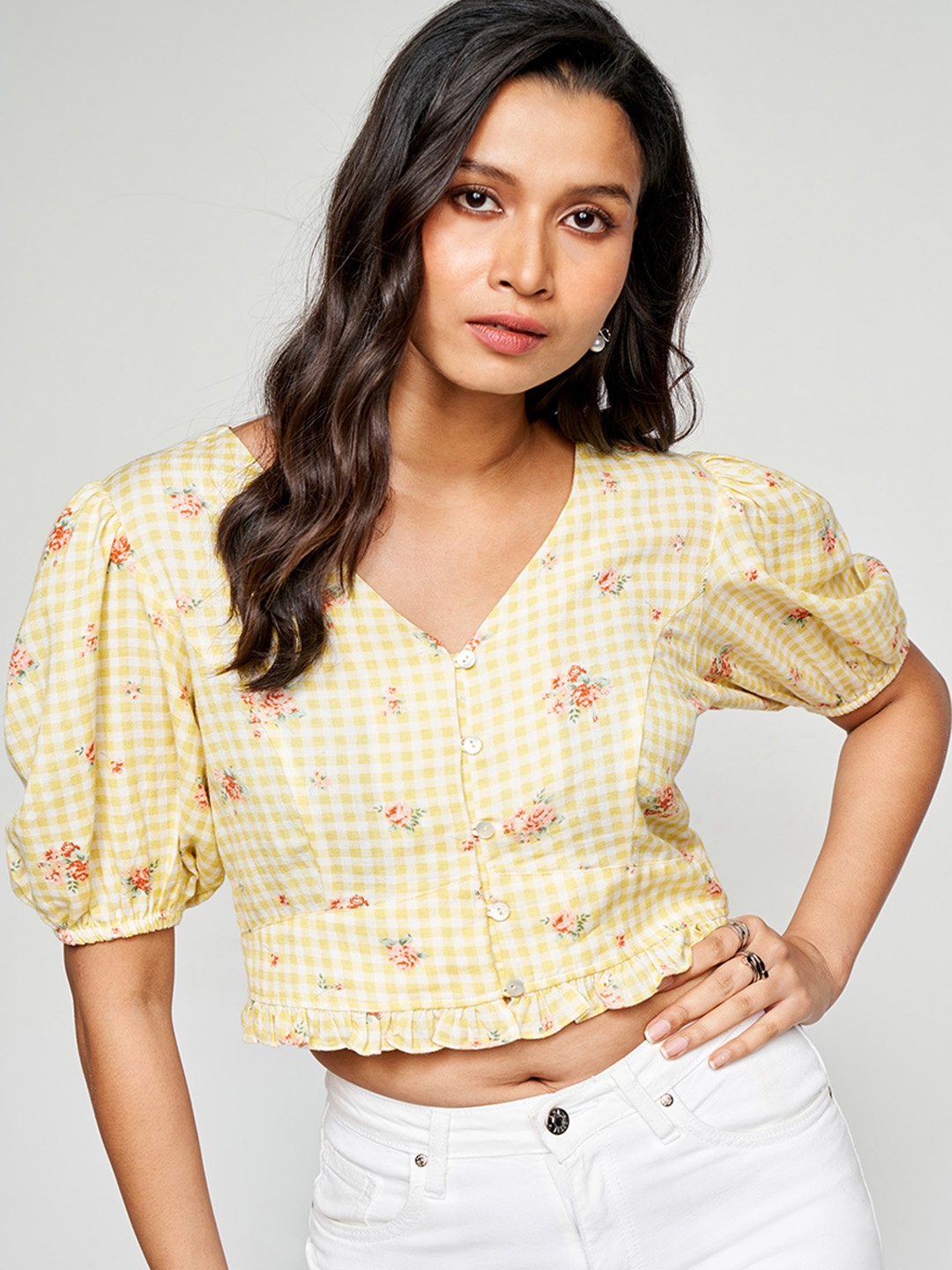 

AND Print Puff Sleeve Shirt Style Crop Top, Yellow