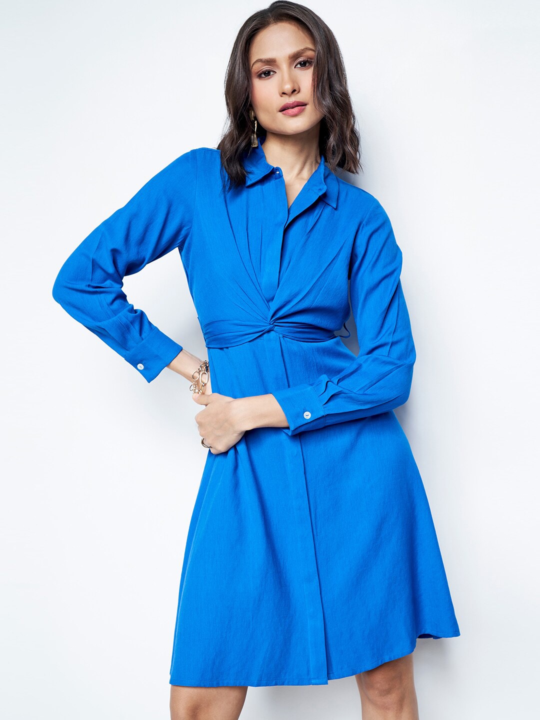 

AND Shirt Collar Shirt Dress, Blue