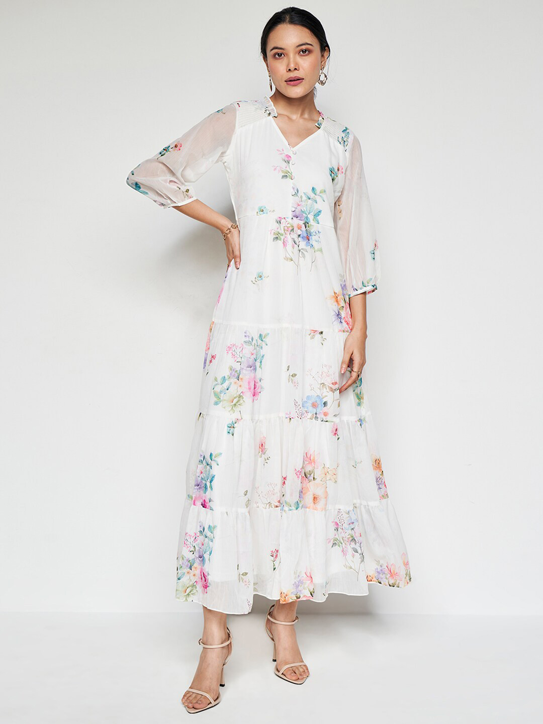

AND V-Neck Floral Printed Maxi Dress, White
