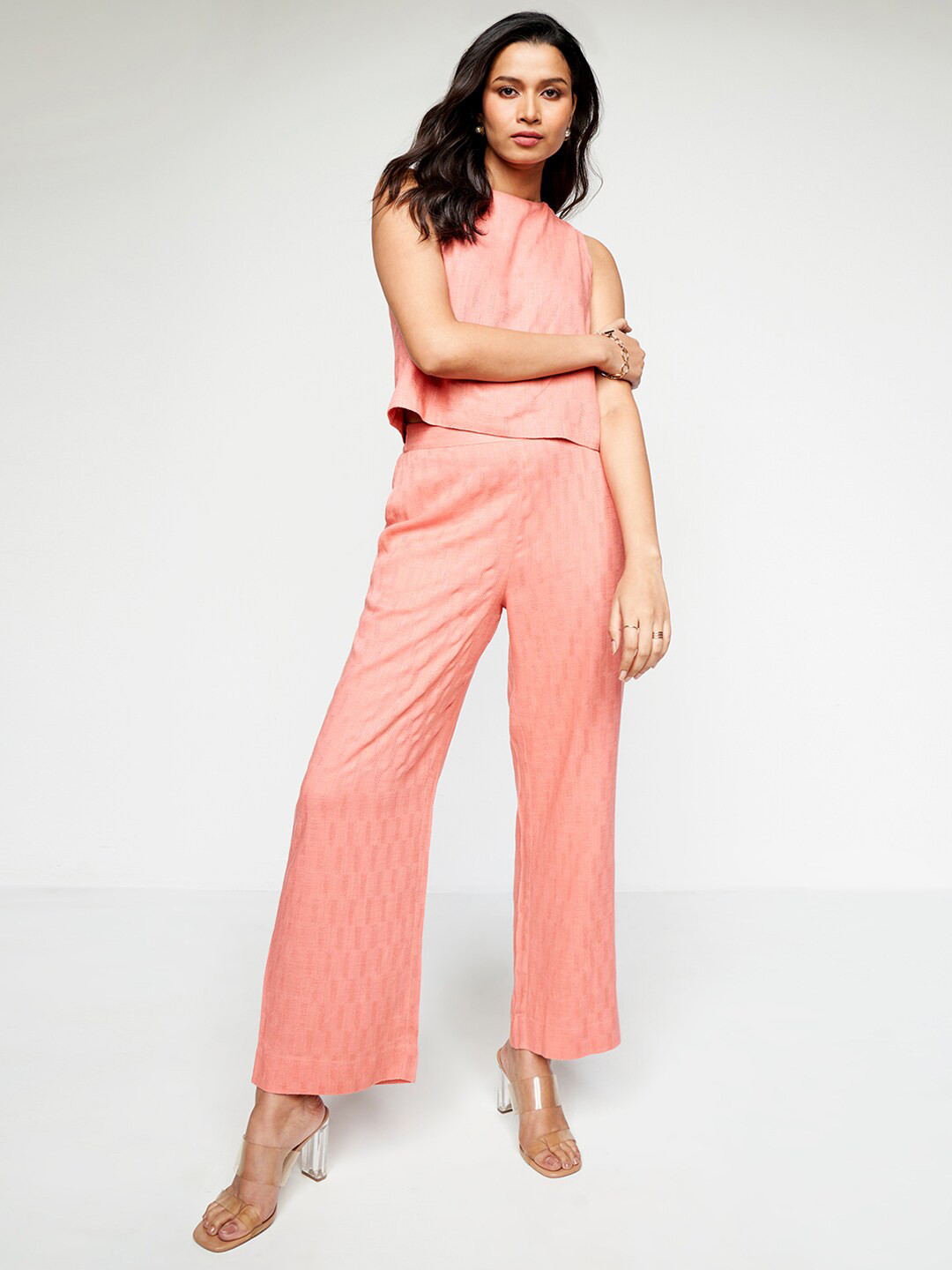 

AND Round Neck Top & Mid -Rise Trouser Co-Ords, Peach