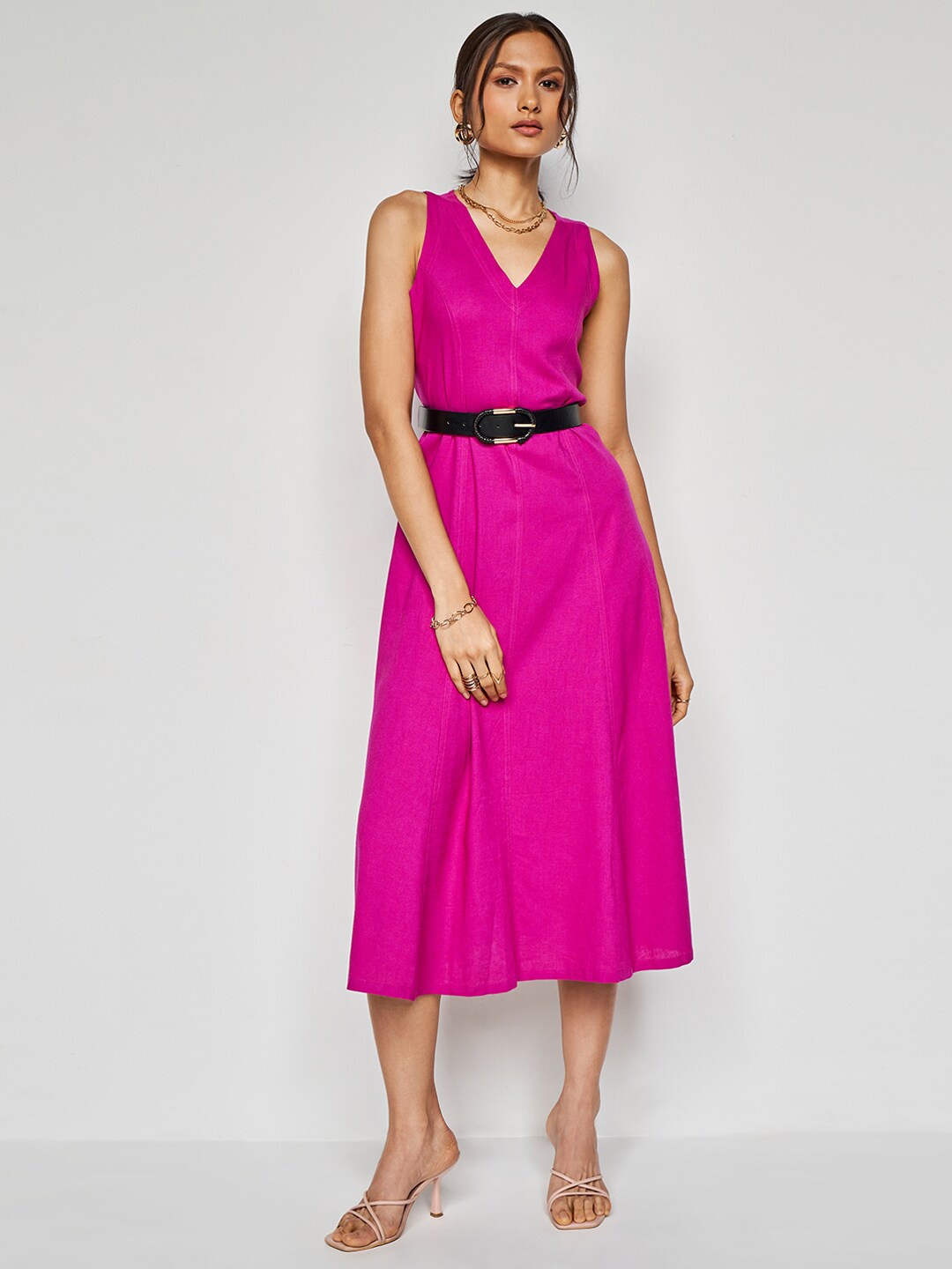 

AND V-Neck A-Line Midi Dress, Magenta